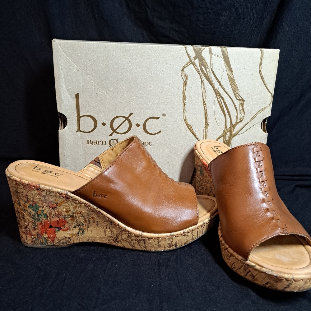 Boc Born Concept Starlet Brown Leather Floral Cork Wedge Slip On Sandal Size 11